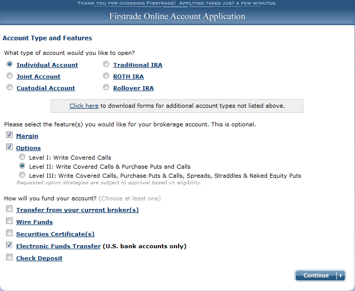 firstrade open individual account with margin, level II options and electronic funds transfer