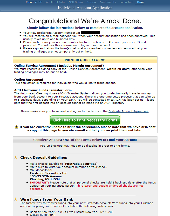 firstrade initial account opening steps complete